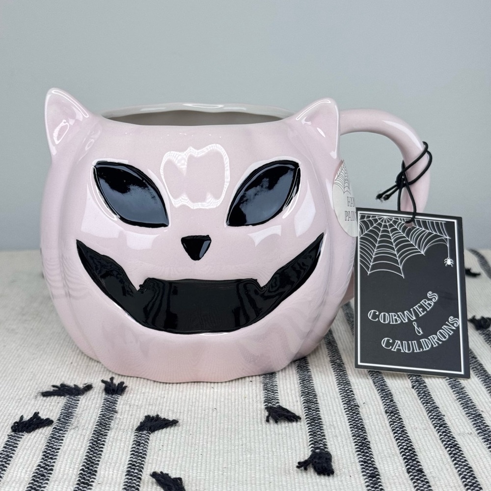 NEW Cobwebs & Cauldrons Pink Pumpkin Cat Halloween Mug